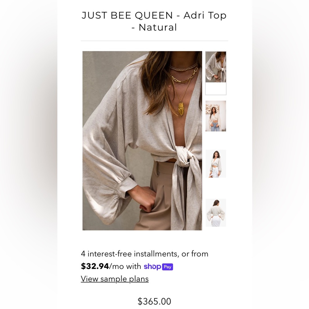 JUST BEE QUEEN sz S tan linen blend crisscross wrap/tie voluminous sleeve blouse - Picture 2 of 9